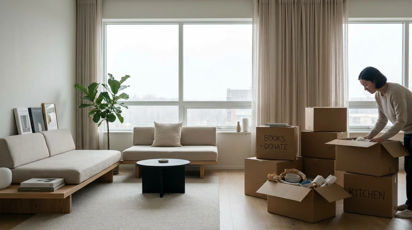 A bright living room mid-downsize, with a clear area and neatly stacked boxes.