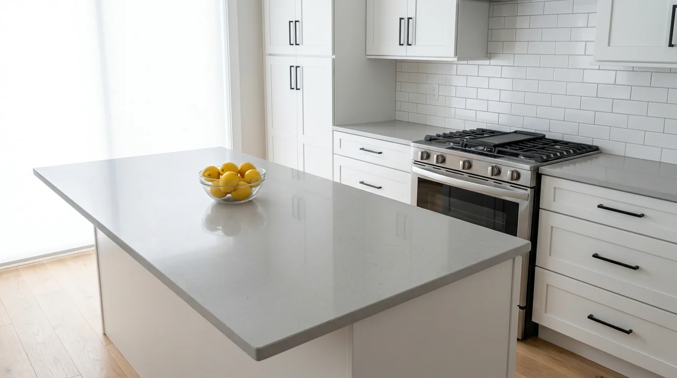 A bright, newly renovated modern kitchen with a quartz island staged for home sale.