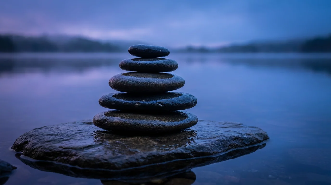 A cairn of balanced stones sits on a rock by calm water at twilight.