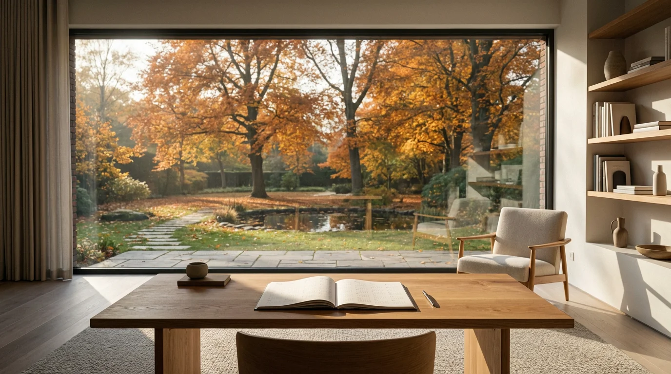 A calm living room desk with a calendar overlooking a yard with autumn trees.