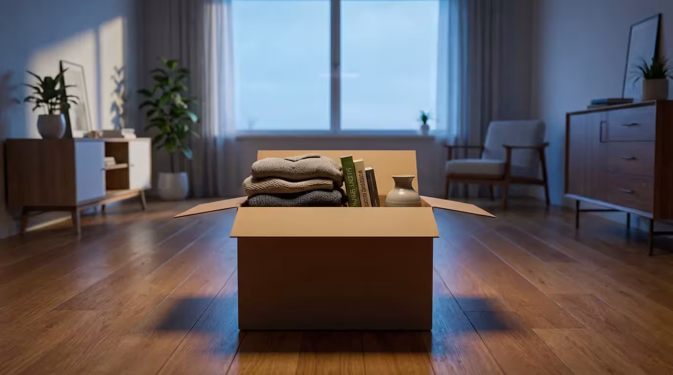 A cardboard donation box filled with books and clothes in a living room at twilight.