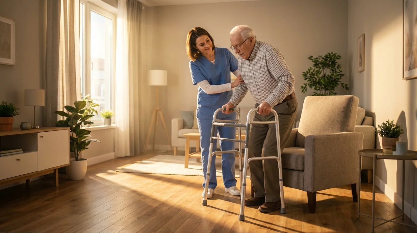 A caregiver assists an elderly man with a walker in a sunlit apartment.