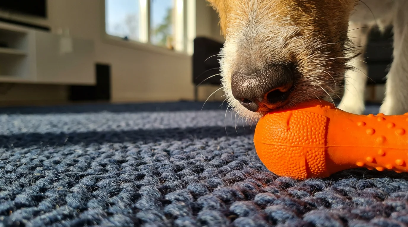 A close-up macro photo of a dog's nose sniffing a small, new chew toy.