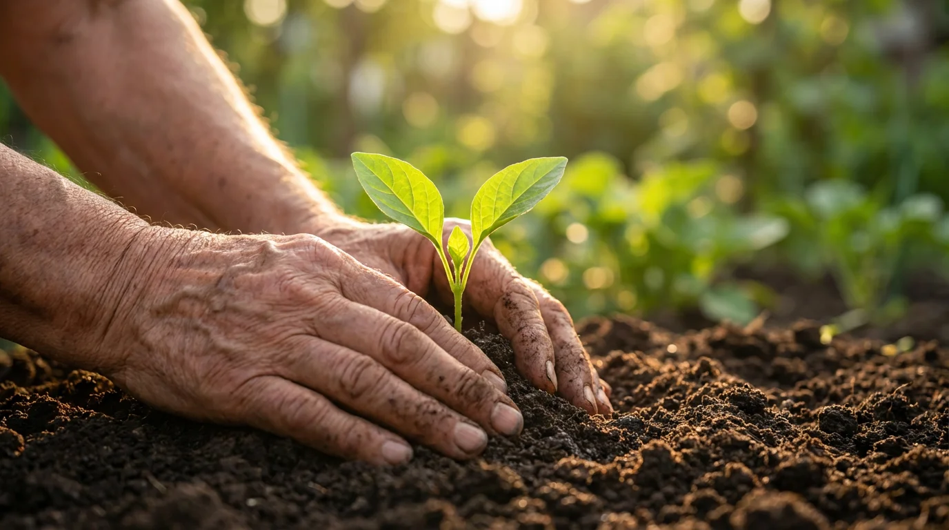 A close-up macro photo of a senior's hands gently planting a small seedling.
