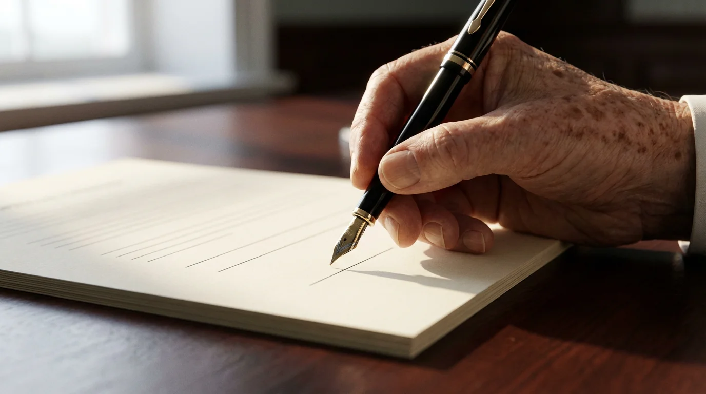 A close-up macro photo of a senior's hand holding a fountain pen to sign a document.