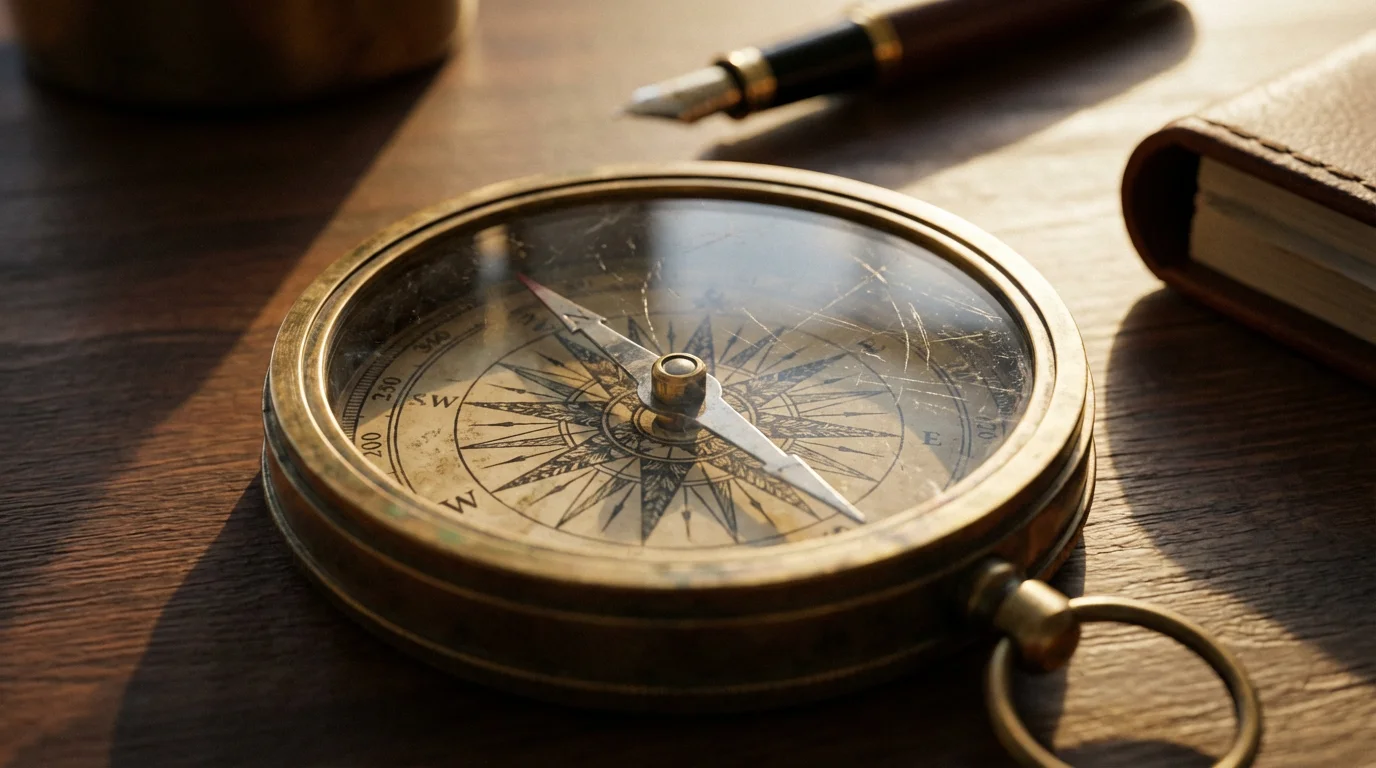 A close-up macro photo of a vintage brass compass on a wooden desk.