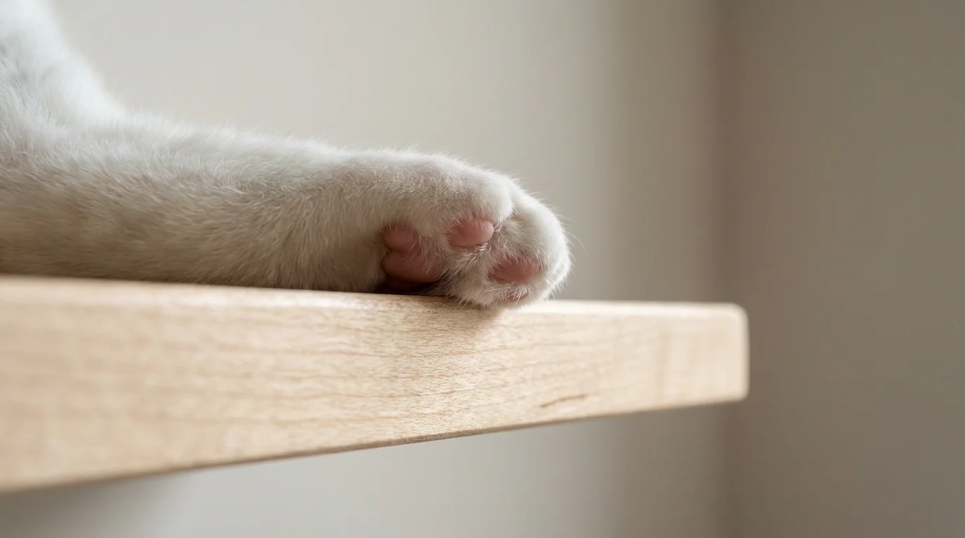 A close-up macro photo of a white cat's paw resting on a modern wall-mounted shelf.