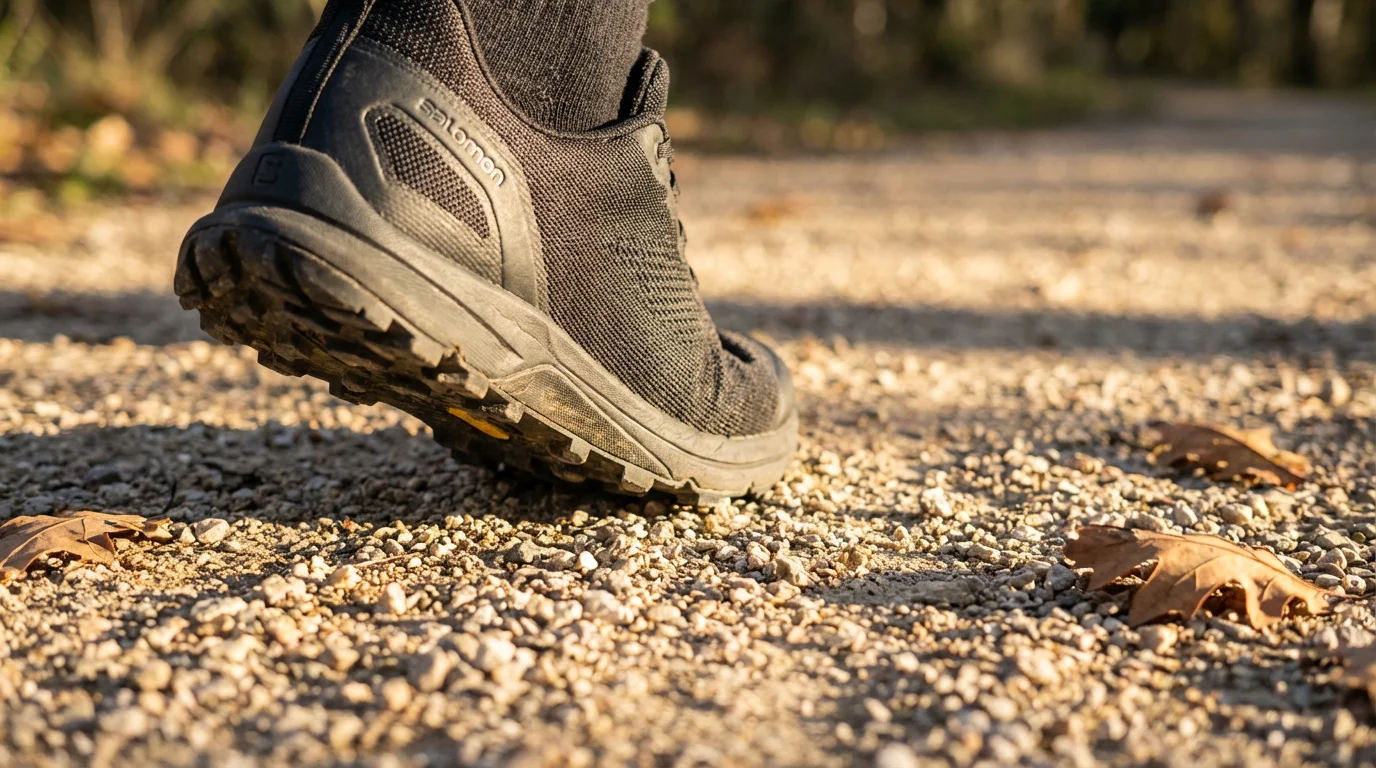 A close-up macro photo of an athletic shoe walking on a sunlit gravel path.