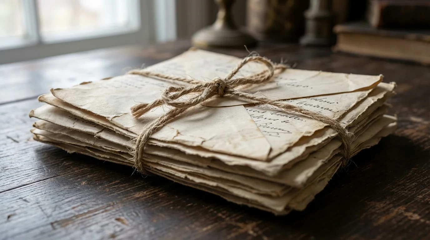 A close-up macro photo of antique handwritten letters tied with twine on a desk.