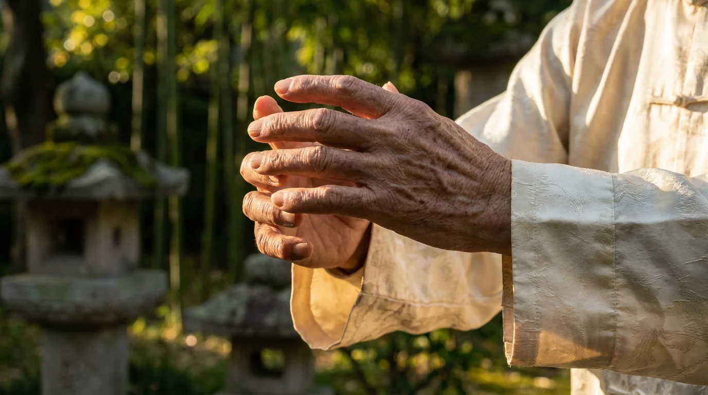A close-up macro photograph of an elderly person's hands performing a precise Tai Chi movement.
