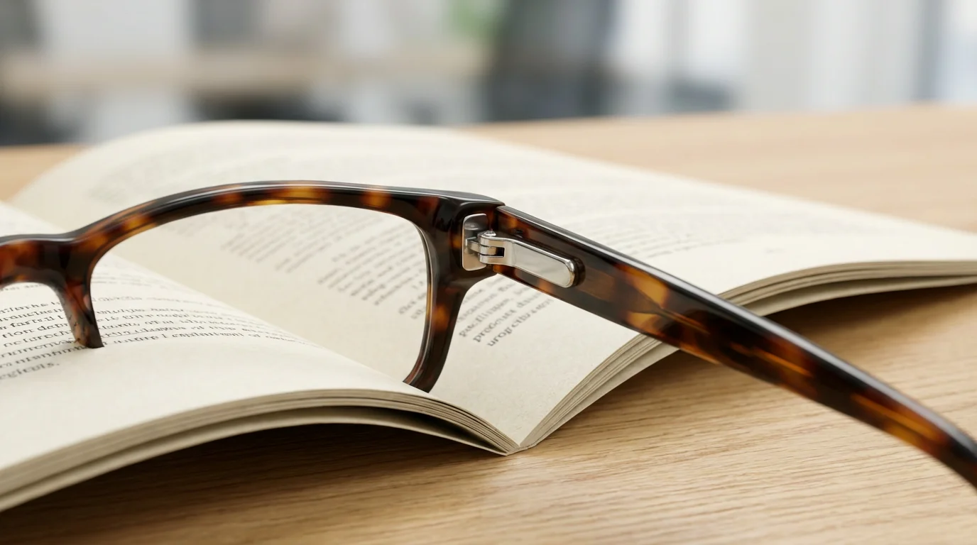 A close-up macro photograph of reading glasses resting on an open legal contract document.