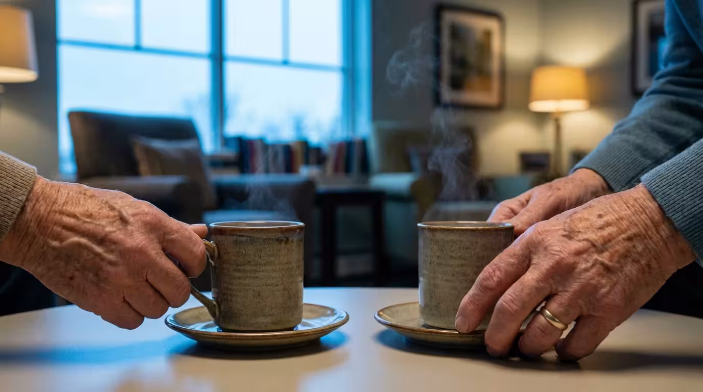 A close-up macro photograph of two seniors' hands with coffee mugs at dusk.