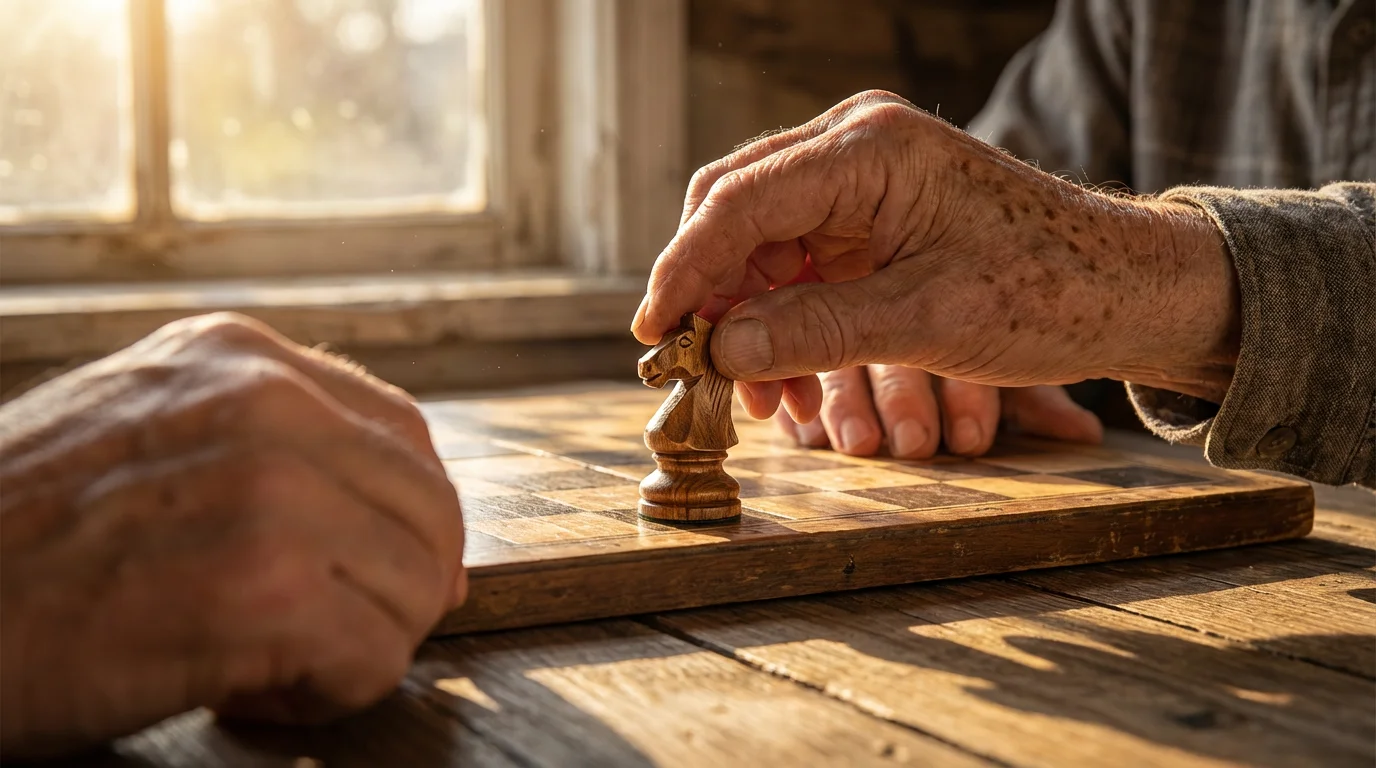 A close-up macro shot of a senior's hand moving a chess piece.