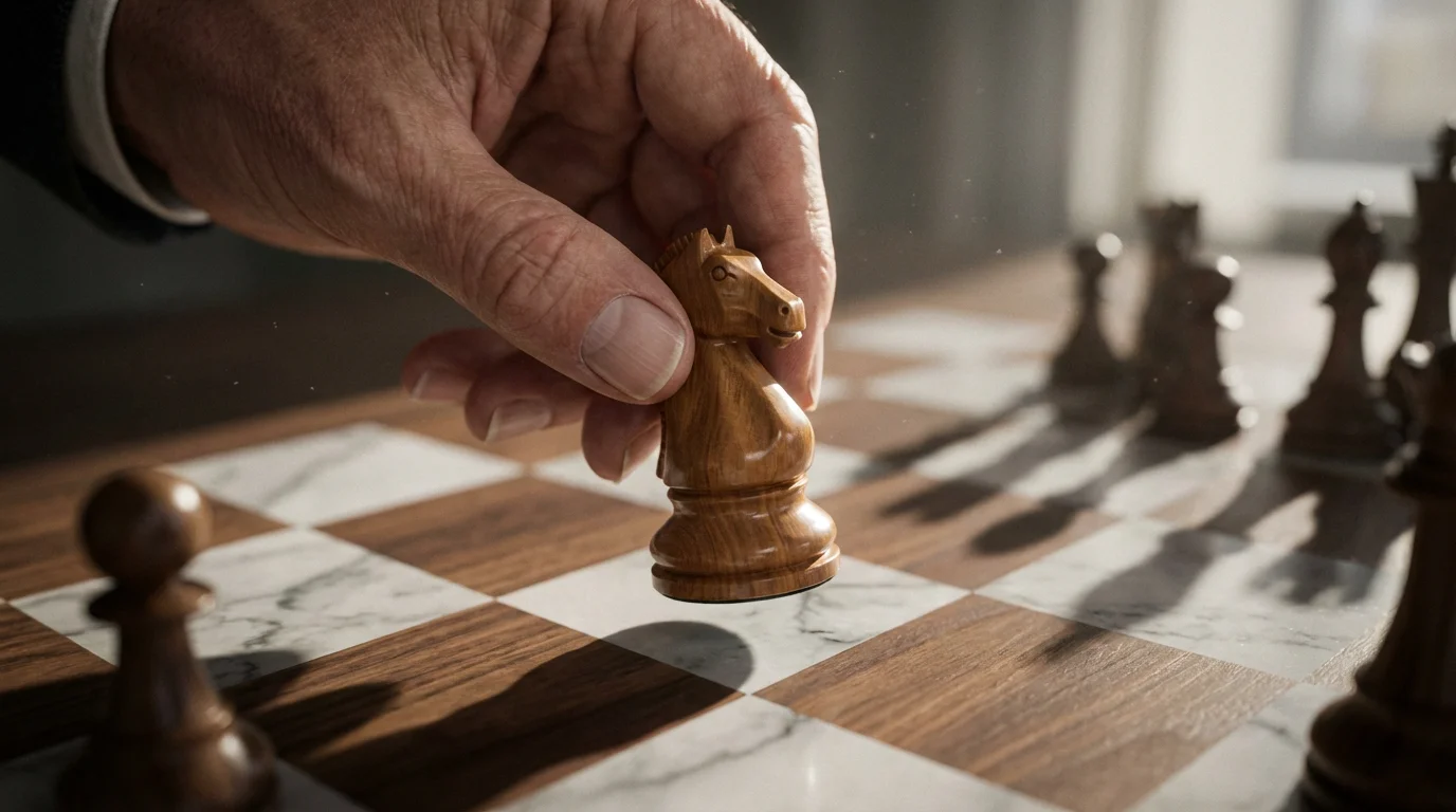 A close-up of a hand moving a chess piece, symbolizing strategic senior living planning.
