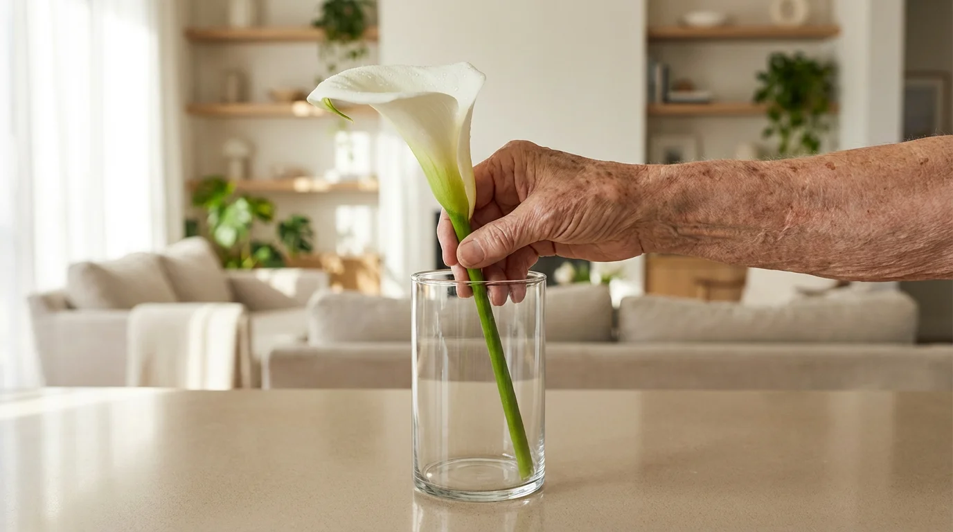 A close-up of a hand placing a single white flower in a vase for home staging.