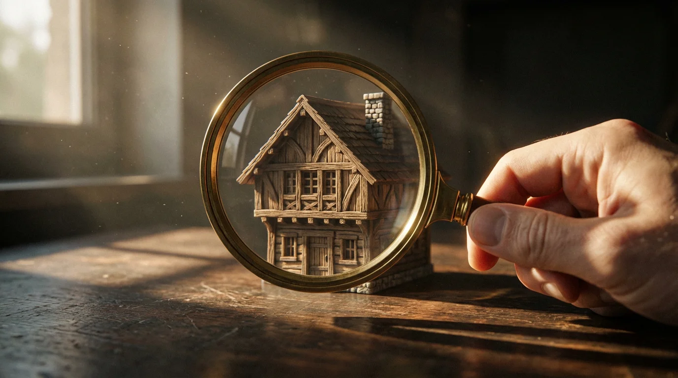 A close-up of a magnifying glass held over a miniature house model, symbolizing financial scrutiny.