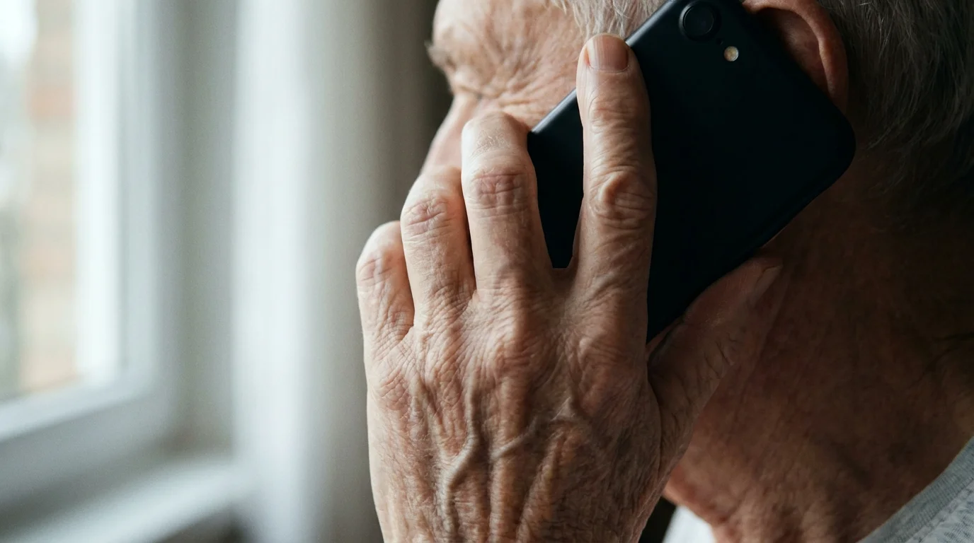 A close-up of a senior's hand holding a smartphone to their ear, looking concerned.