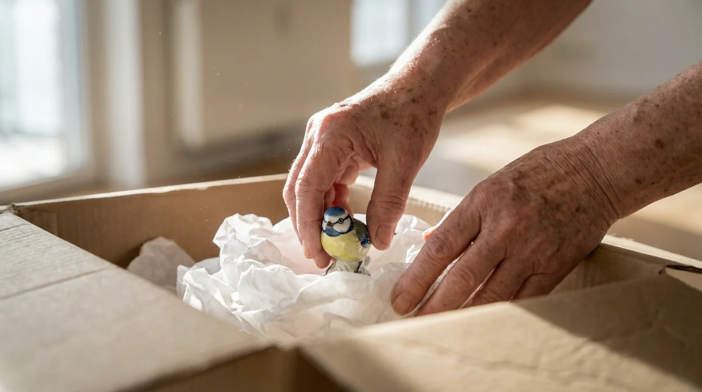 A close-up of a senior's hands carefully placing a small figurine into a moving box.