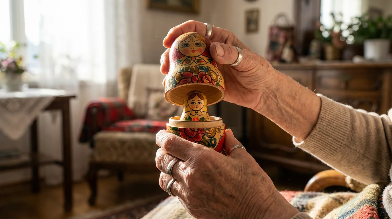 A close-up of senior hands opening a Russian nesting doll, symbolizing continuum of care.