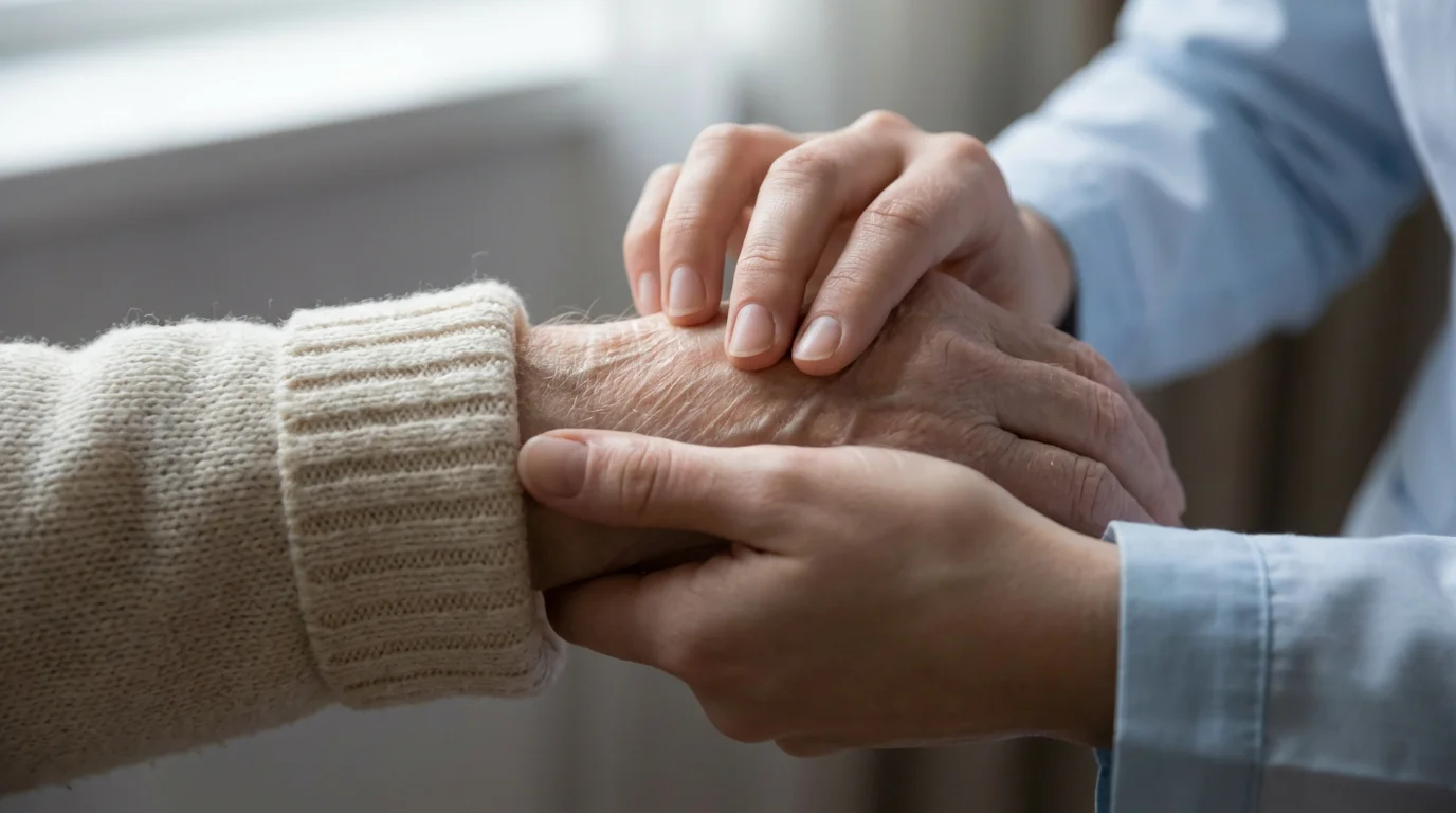 A close-up photograph of a caregiver's hand gently checking a senior's pulse.