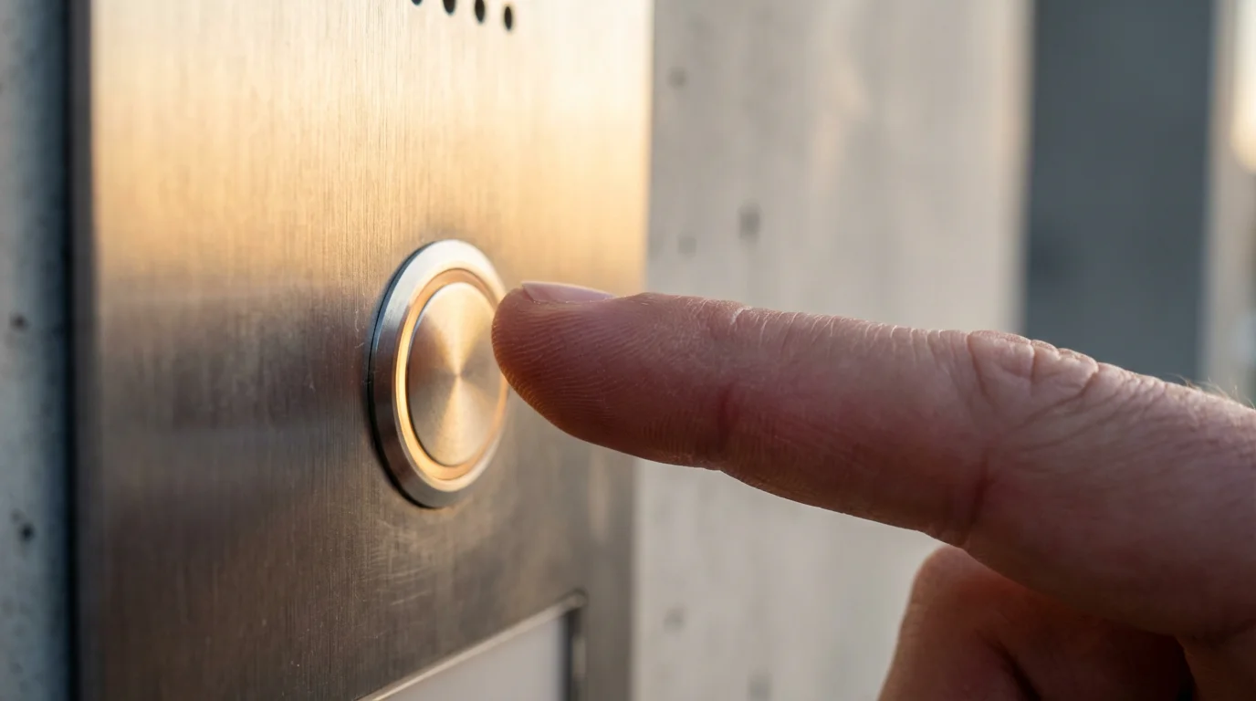 A close-up photograph of a finger hesitating before pressing a glowing intercom button.