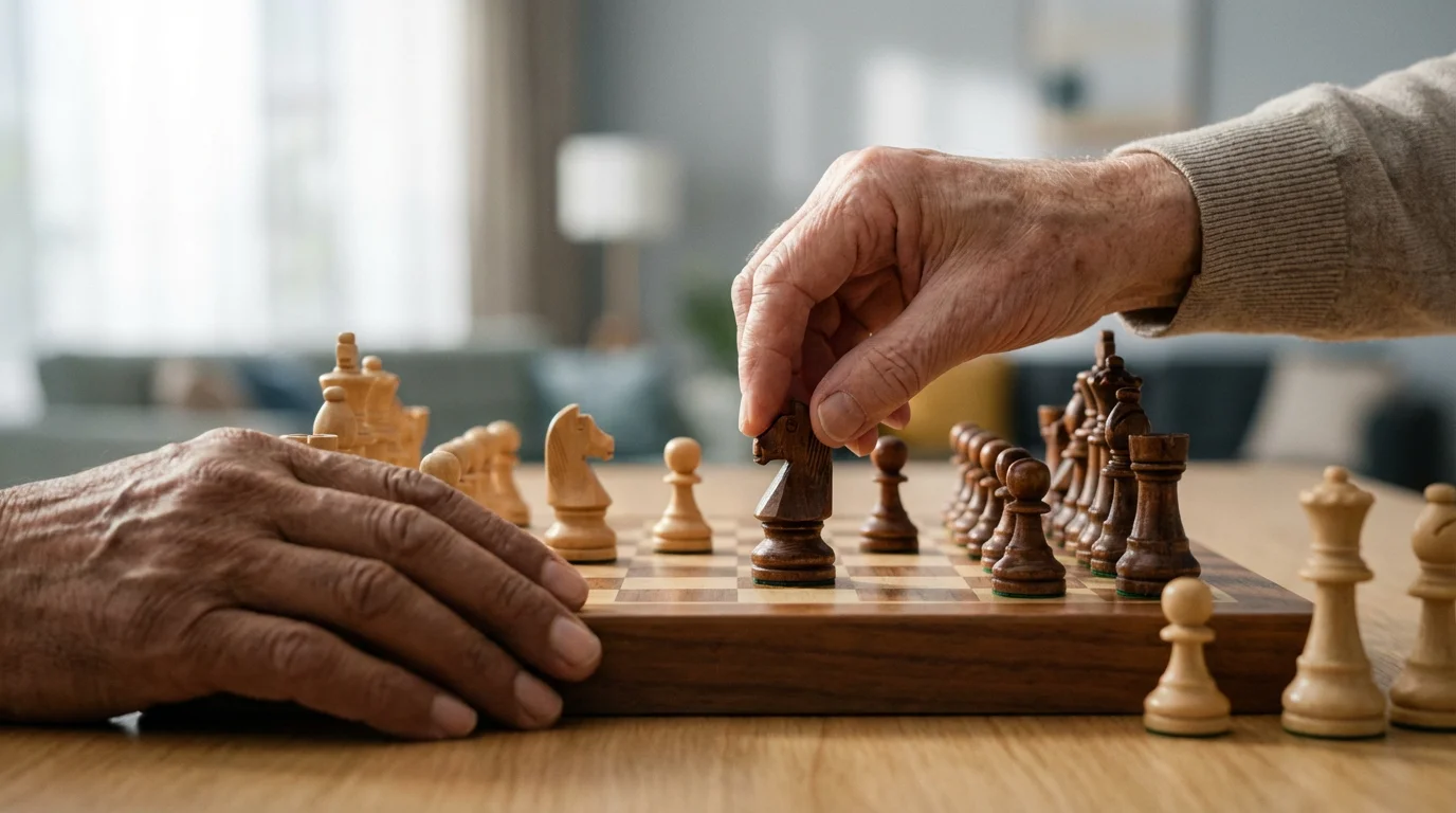 A close-up photograph of two seniors' hands playing a game of chess.