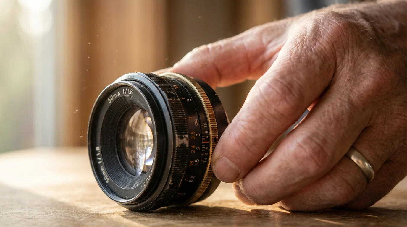 A close-up shot of a hand carefully adjusting the focus on a vintage camera lens.