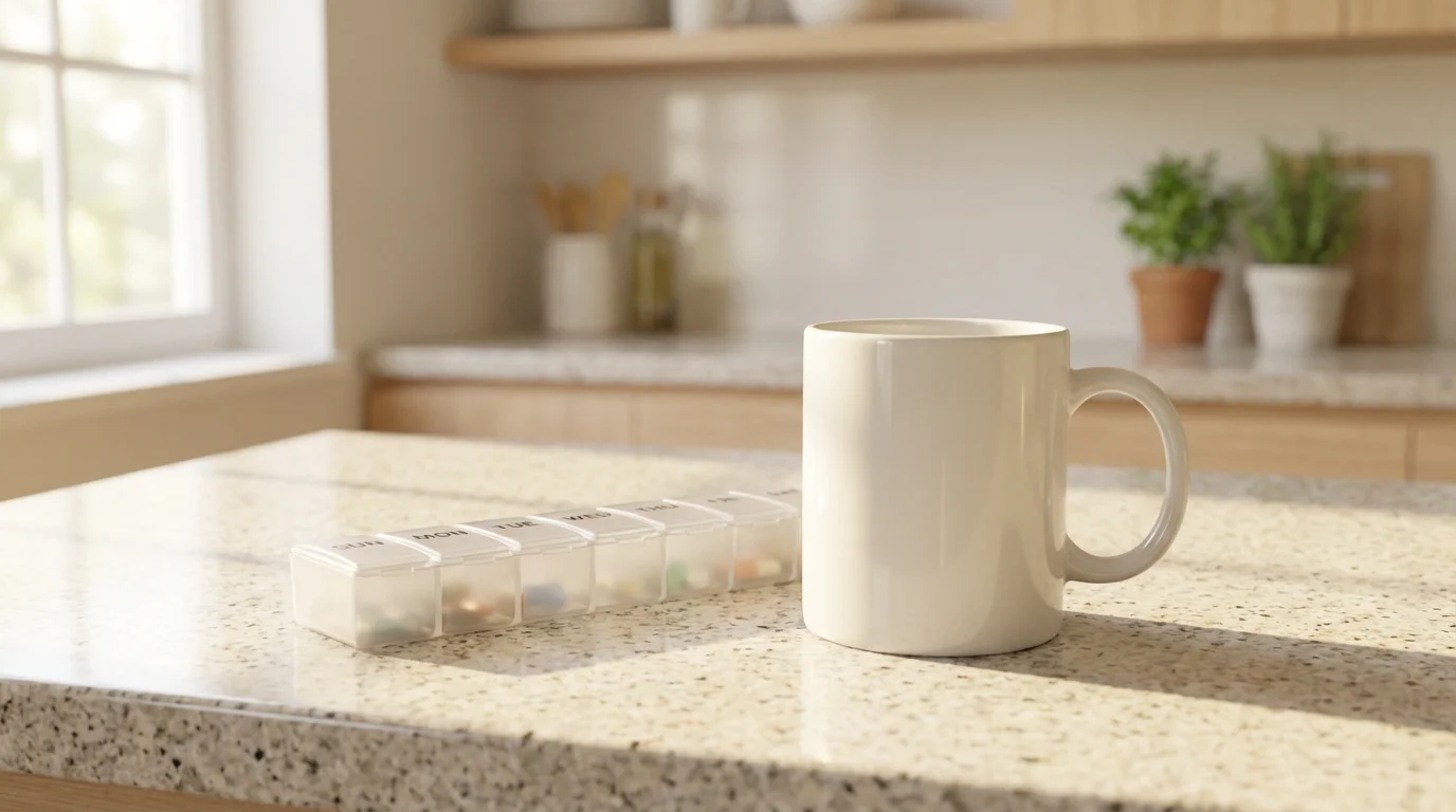 A coffee mug and a weekly pill organizer on a granite kitchen counter.