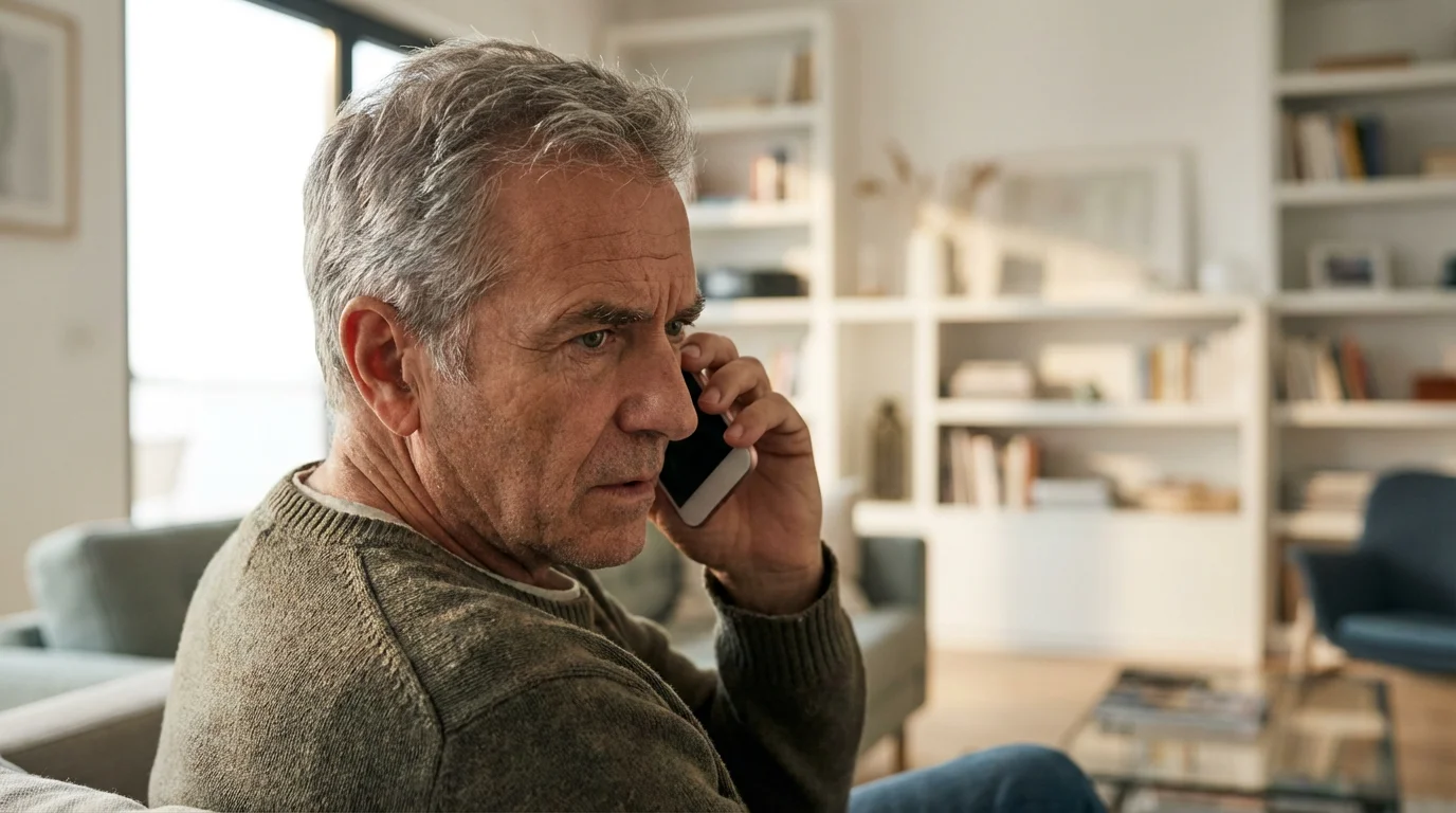 A concerned senior man seen from over his shoulder, listening to a smartphone call.