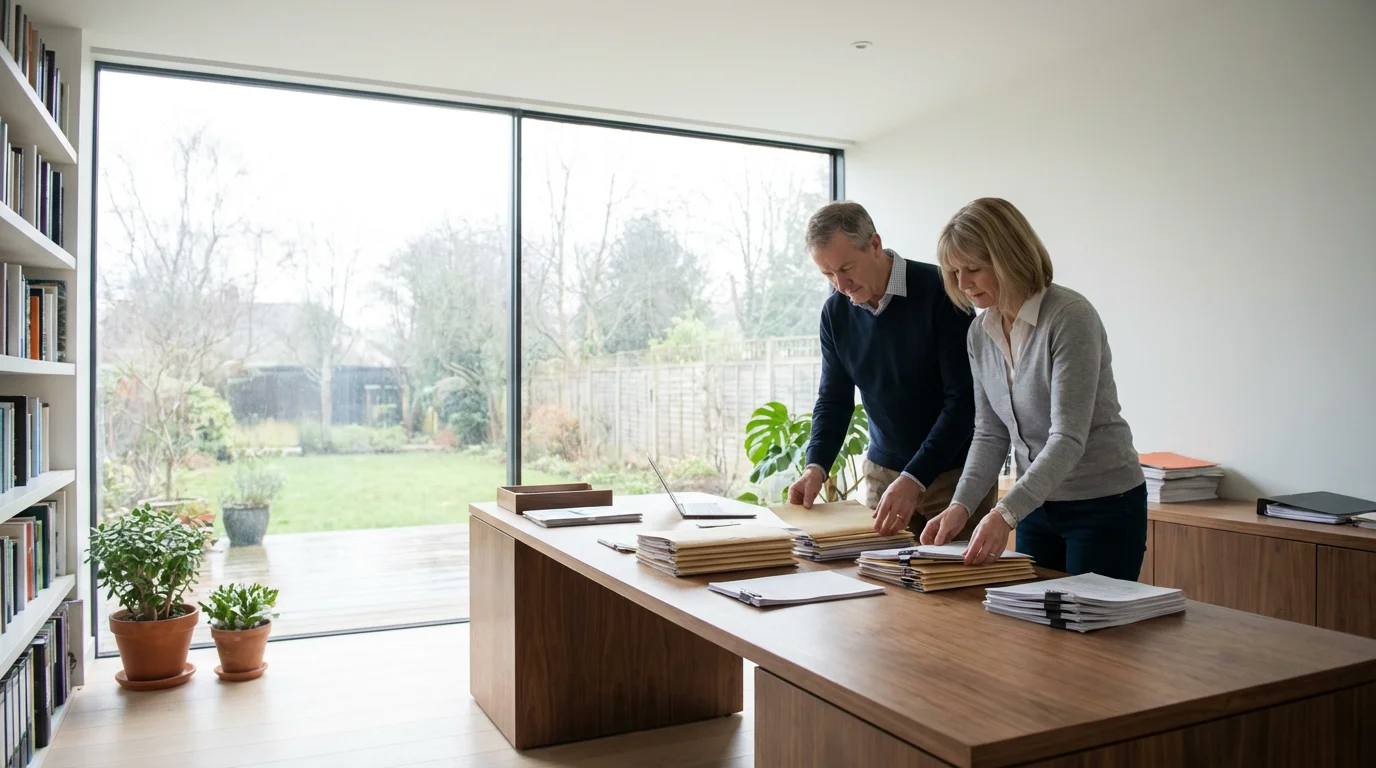 A couple organizes estate planning documents on a large table in a modern office.