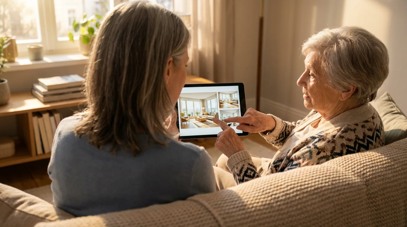 A daughter and her elderly mother looking at senior living options on a tablet.