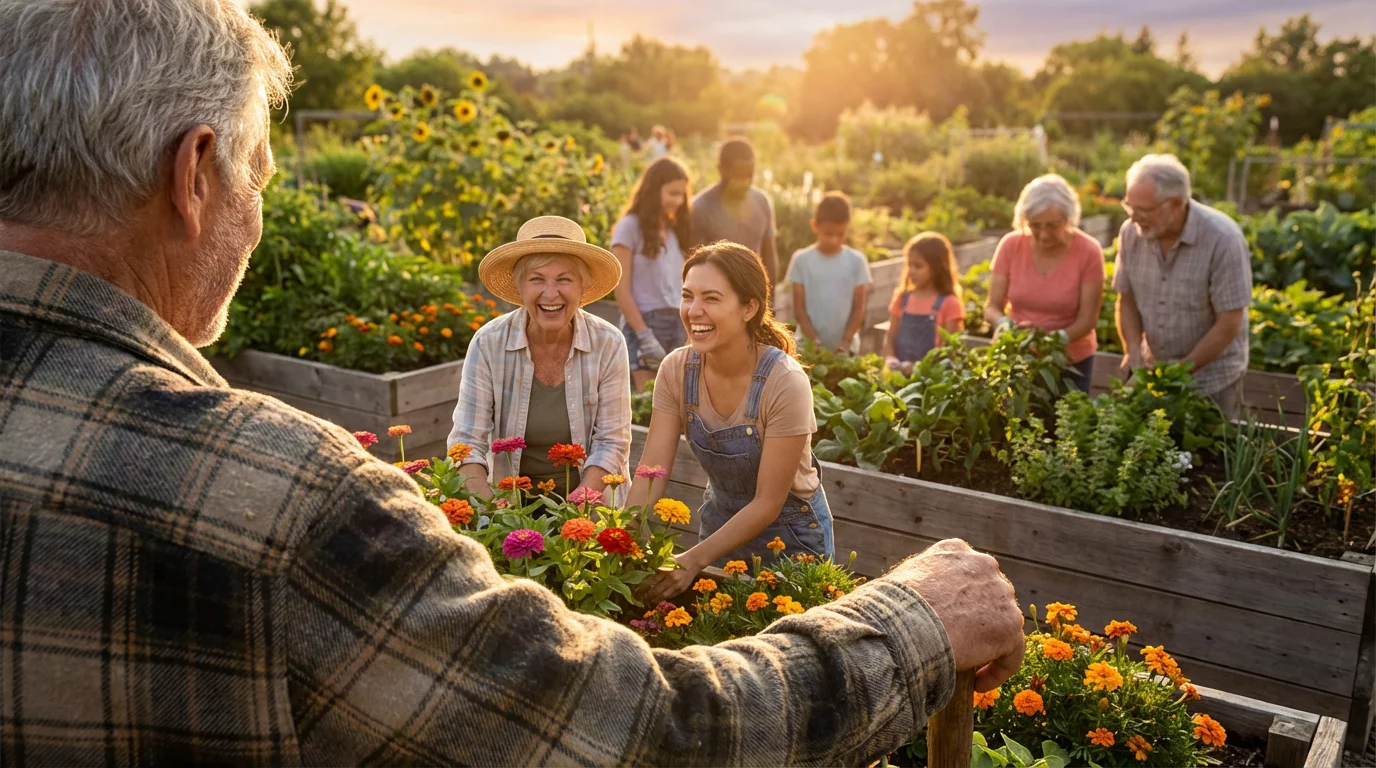 A diverse group happily tending to a sunlit community garden during golden hour.