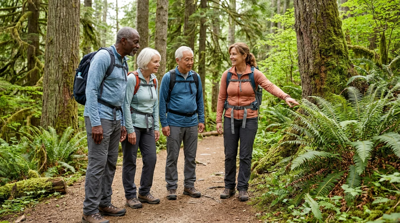 A diverse group of active seniors enjoying a guided nature walk in a forest.