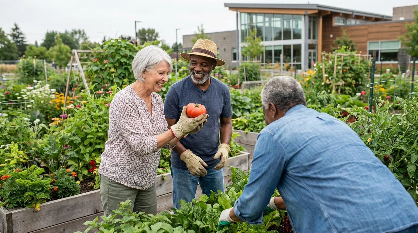 A diverse group of active seniors happily gardening together in a community garden.