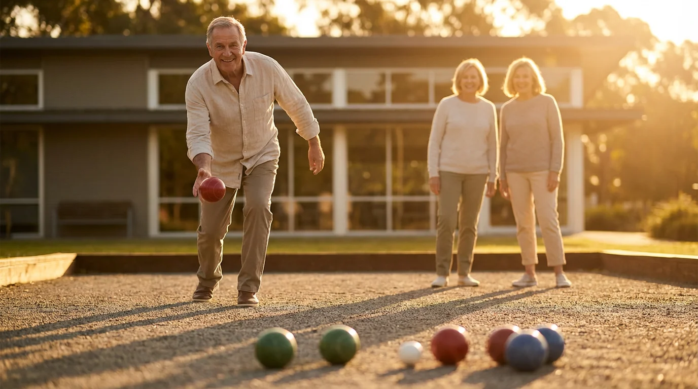 A diverse group of active seniors joyfully playing a game of bocce ball at sunset.