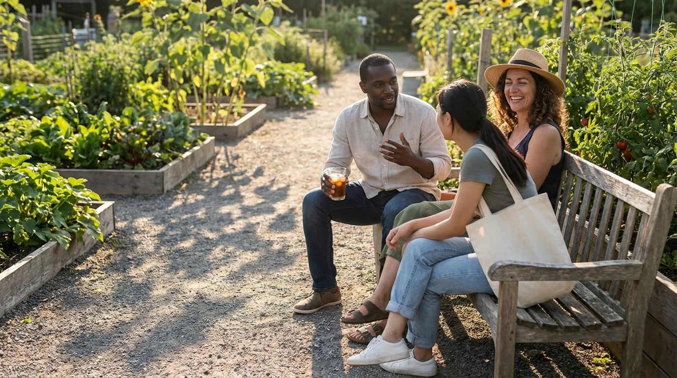 A diverse group of adults talking together on a bench in a community garden.