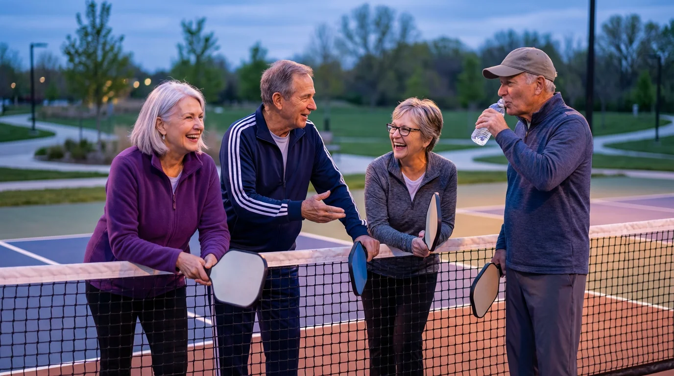 A diverse group of four seniors laughing together on a pickleball court at dusk.