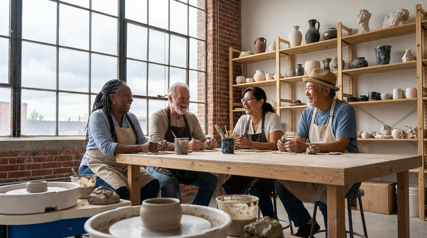 A diverse group of happy seniors enjoying a pottery class in a bright studio.