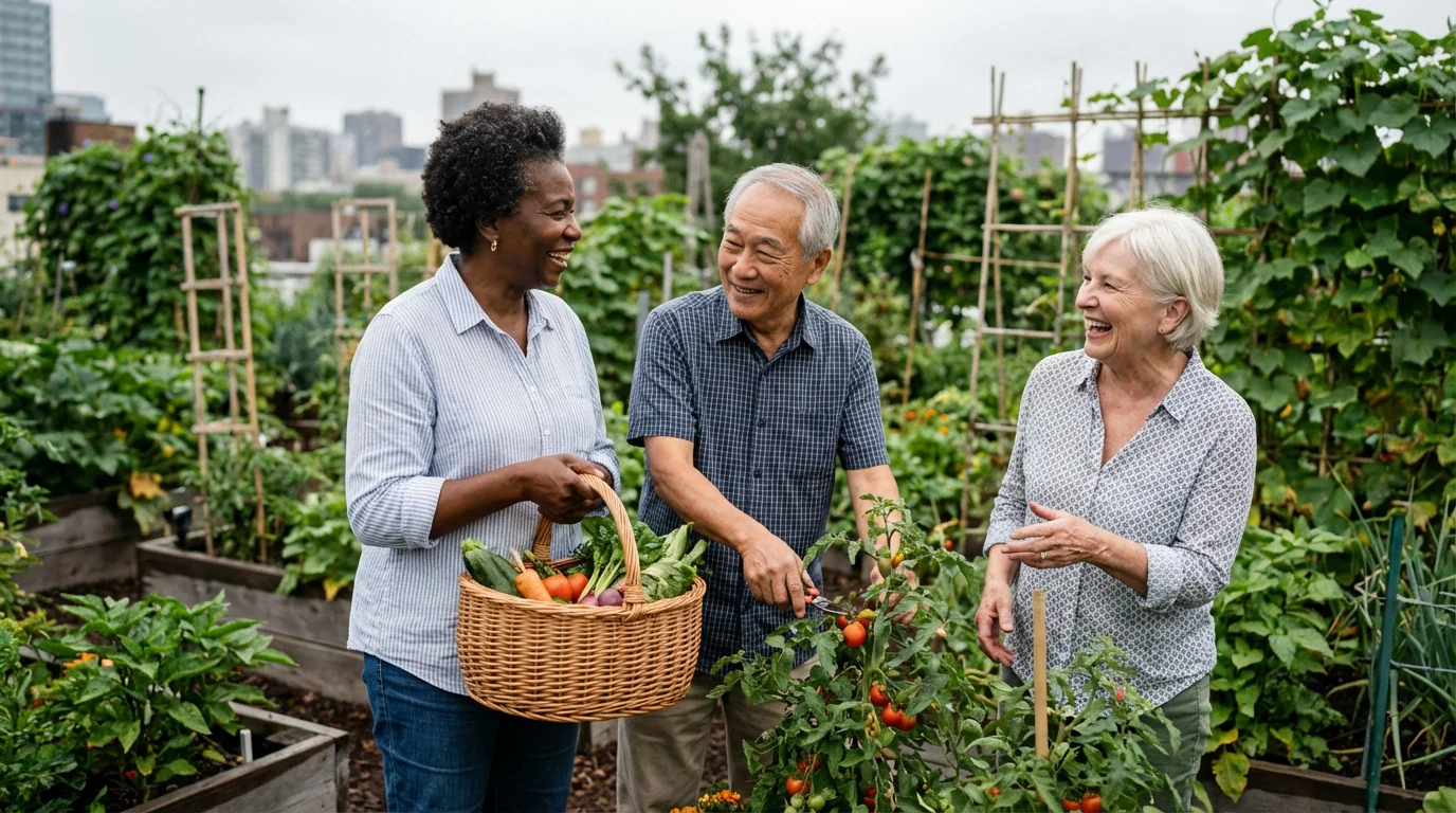 A diverse group of happy seniors gardening together in a vibrant community garden.