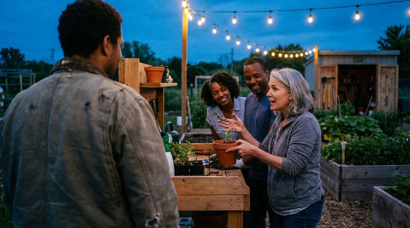 A diverse group of neighbors talking and laughing in a community garden at dusk.