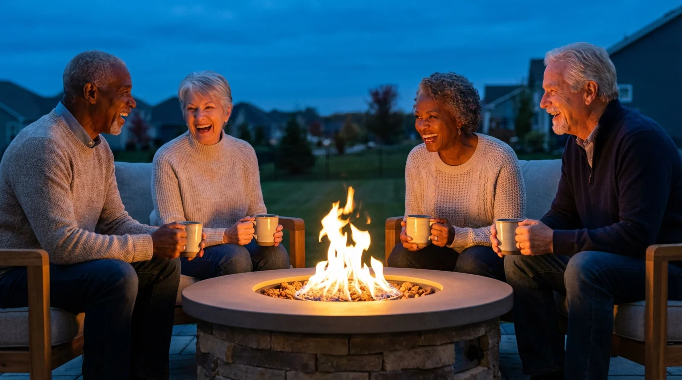 A diverse group of senior friends laughing together around a fire pit at twilight.