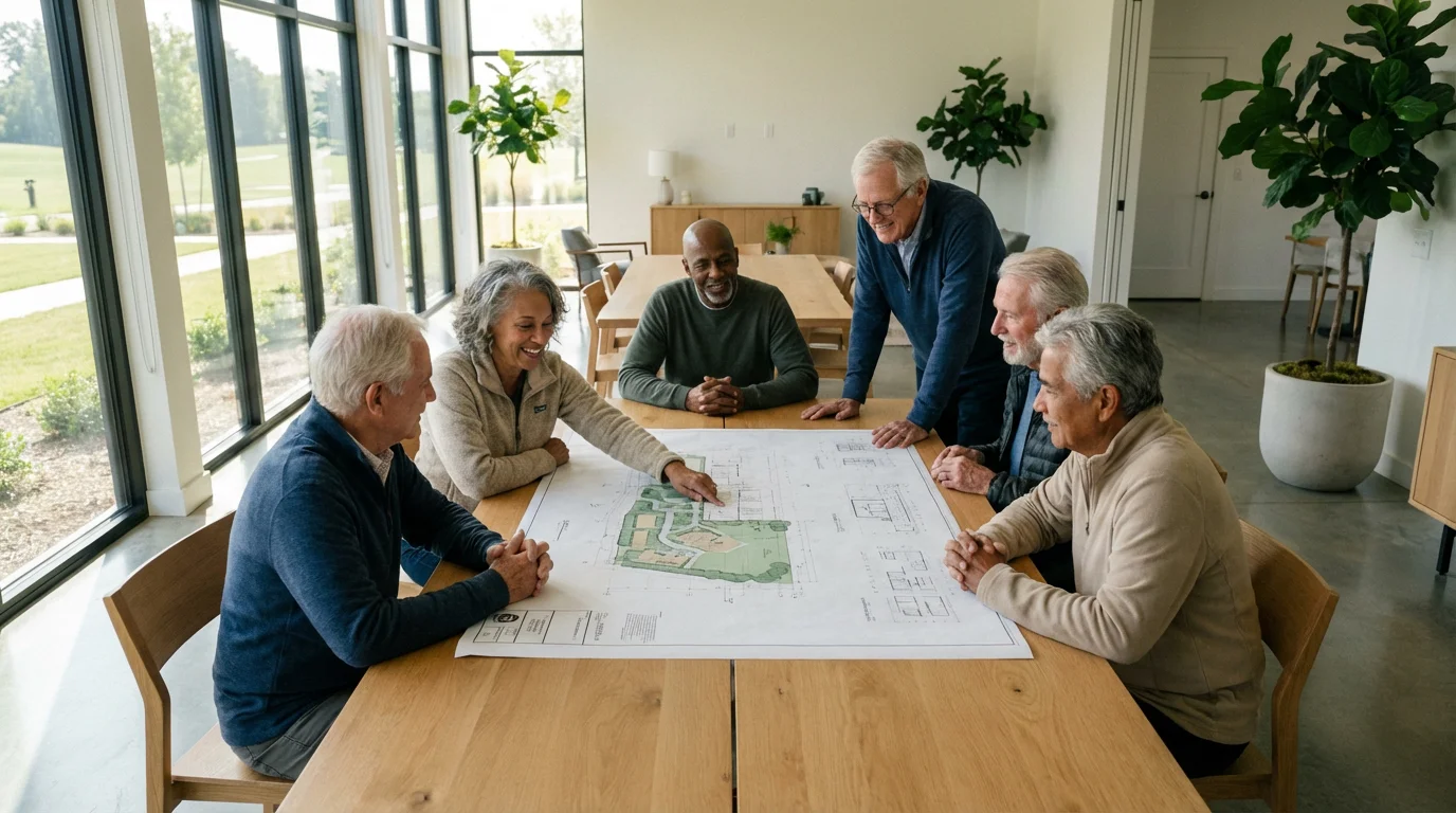 A diverse group of senior residents collaborating around a table in a modern clubhouse.