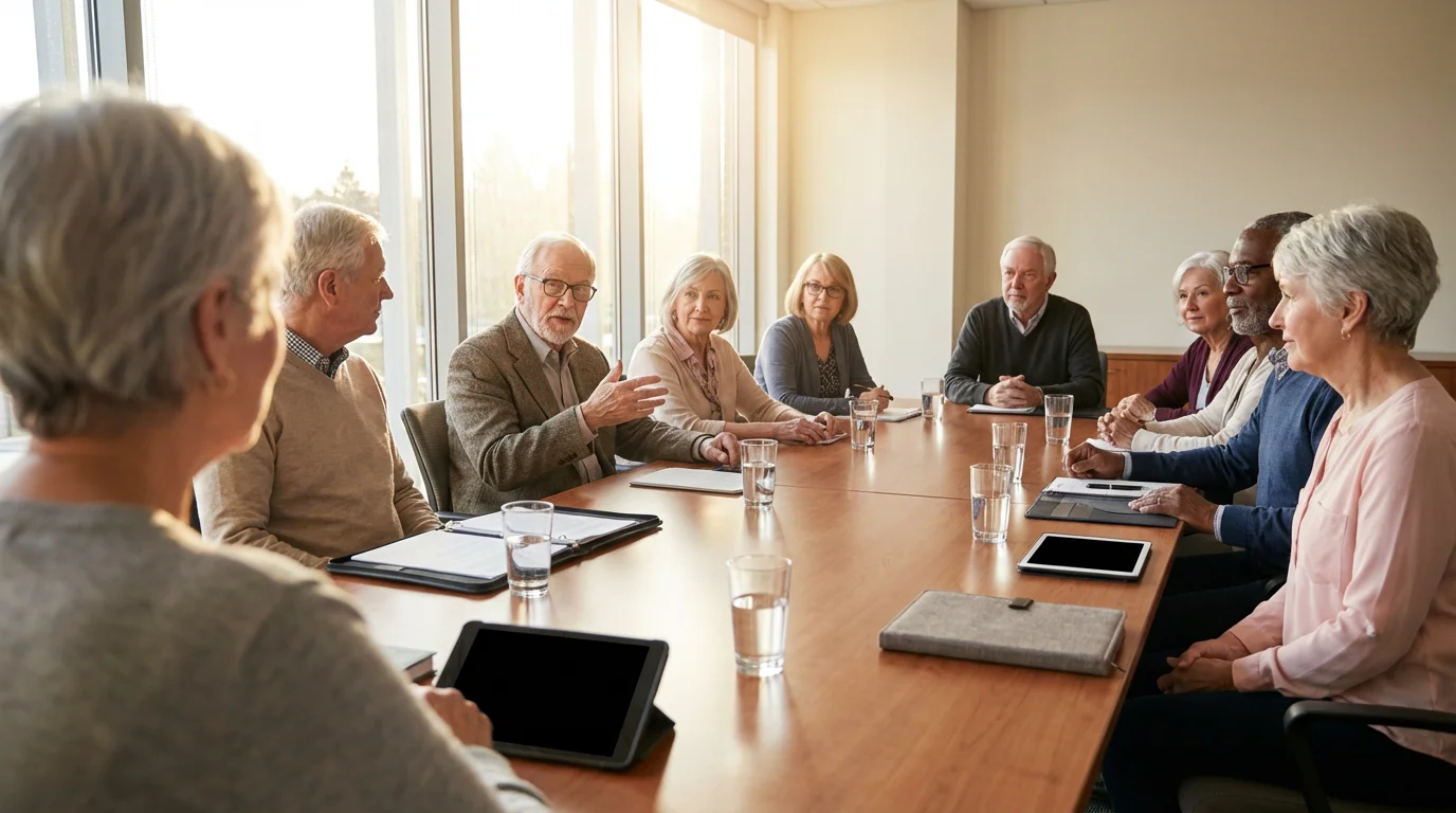 A diverse group of senior residents in a formal community governance meeting.