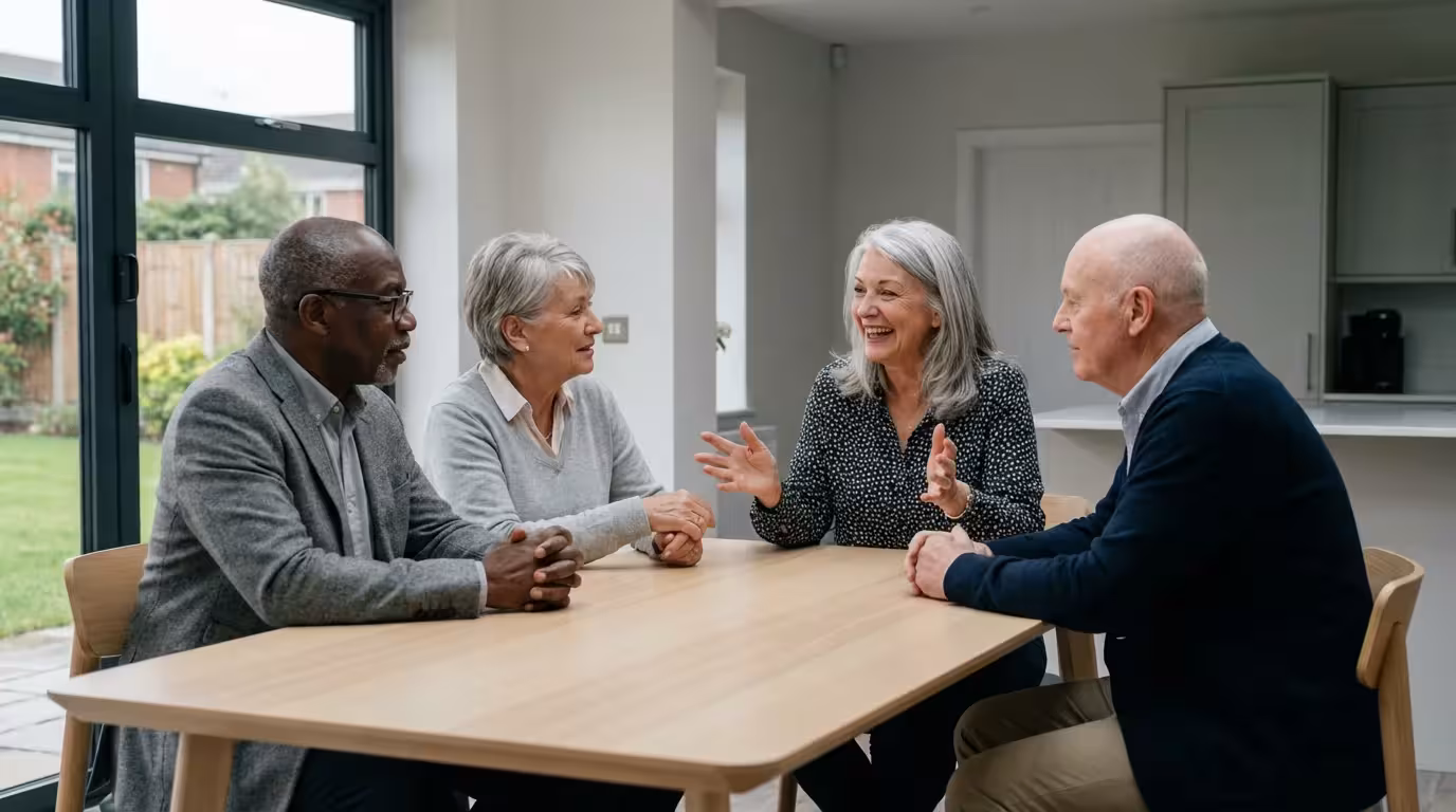 A diverse group of seniors engaged in a friendly community meeting in a modern clubhouse.
