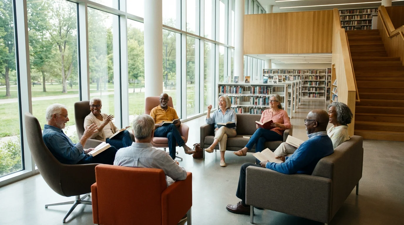A diverse group of seniors enjoy a book club meeting in a modern library.
