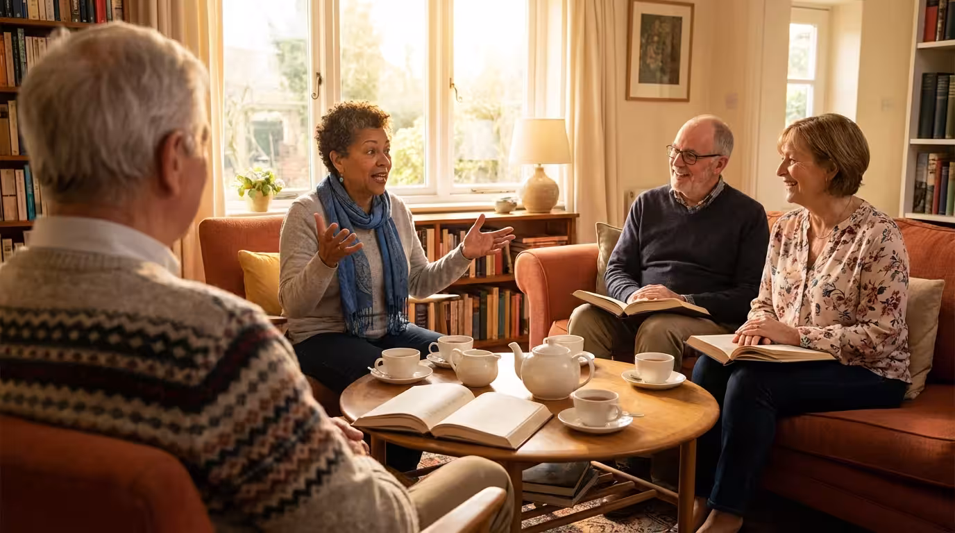 A diverse group of seniors enjoy a lively discussion at their book club meeting.