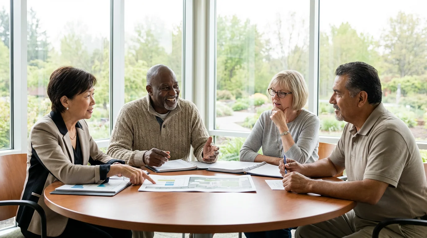 A diverse group of seniors in a productive committee meeting at a community center.