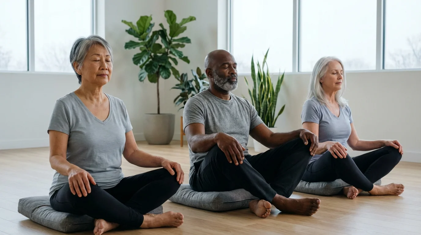 A diverse group of seniors meditating peacefully in a bright, modern wellness studio.