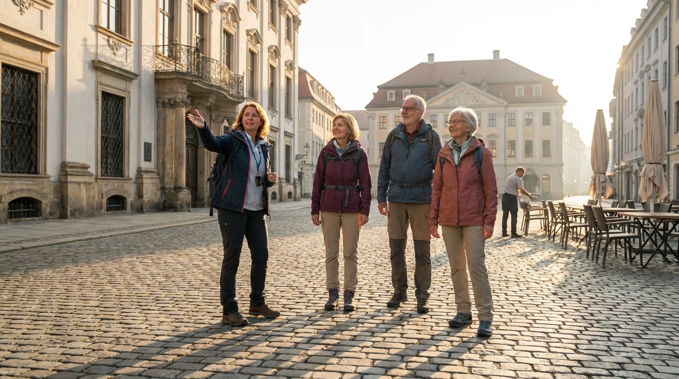 A diverse group of seniors on a guided travel tour in a European square.