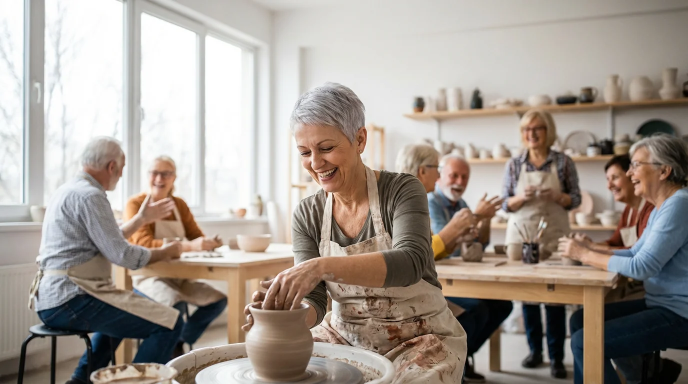 A diverse group of seniors smiling and making pottery together in an art class.